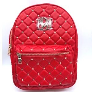 Badgley Mischka Large Red Studded Backpack Vegan Leather Quilted